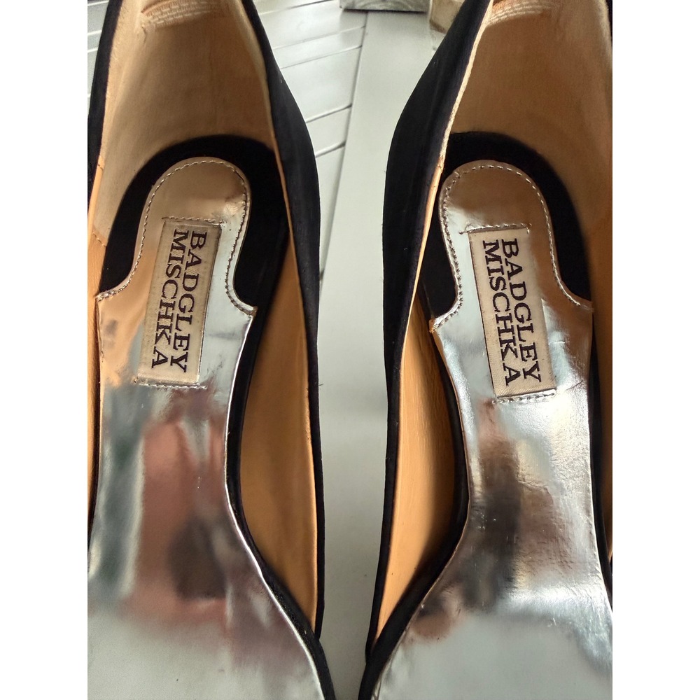 Badgley Mischka Black Satin Crystal Embellished Open Toe Pumps Heels Womens 7M - Picture 7 of 10